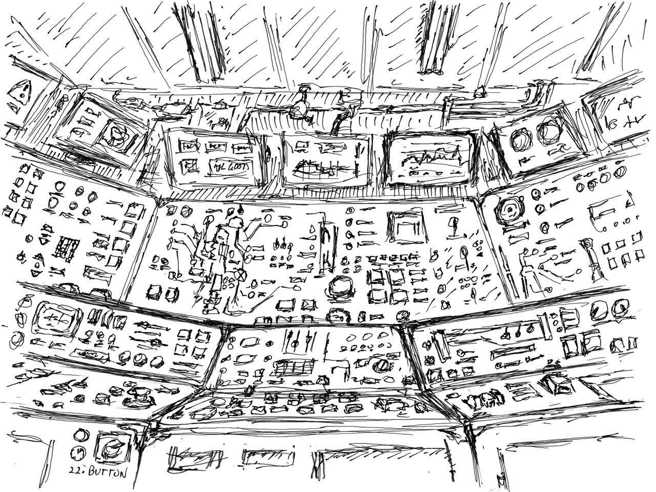 Some kind of control room adorned with panels, computer displays, consoles and all manner of indicators lights, buttons and switches